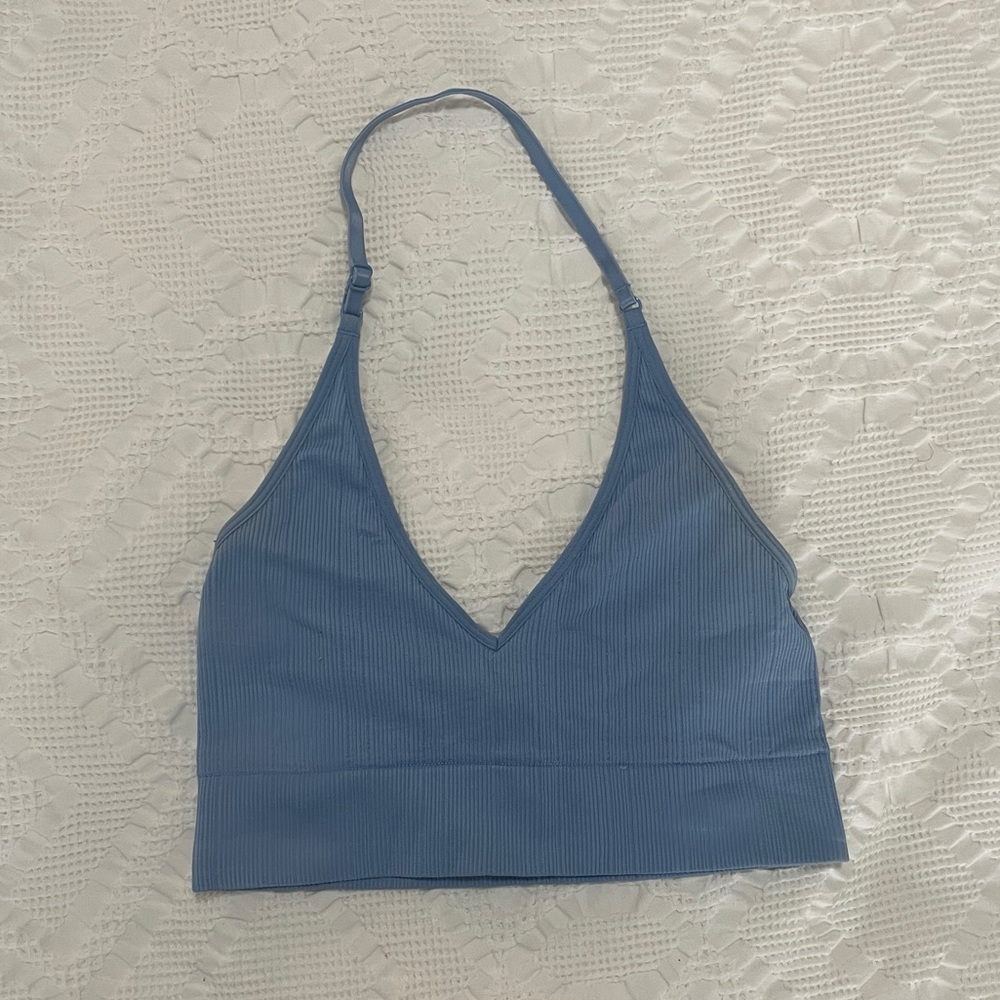 PINK seamless ribbed halter bralette blue
